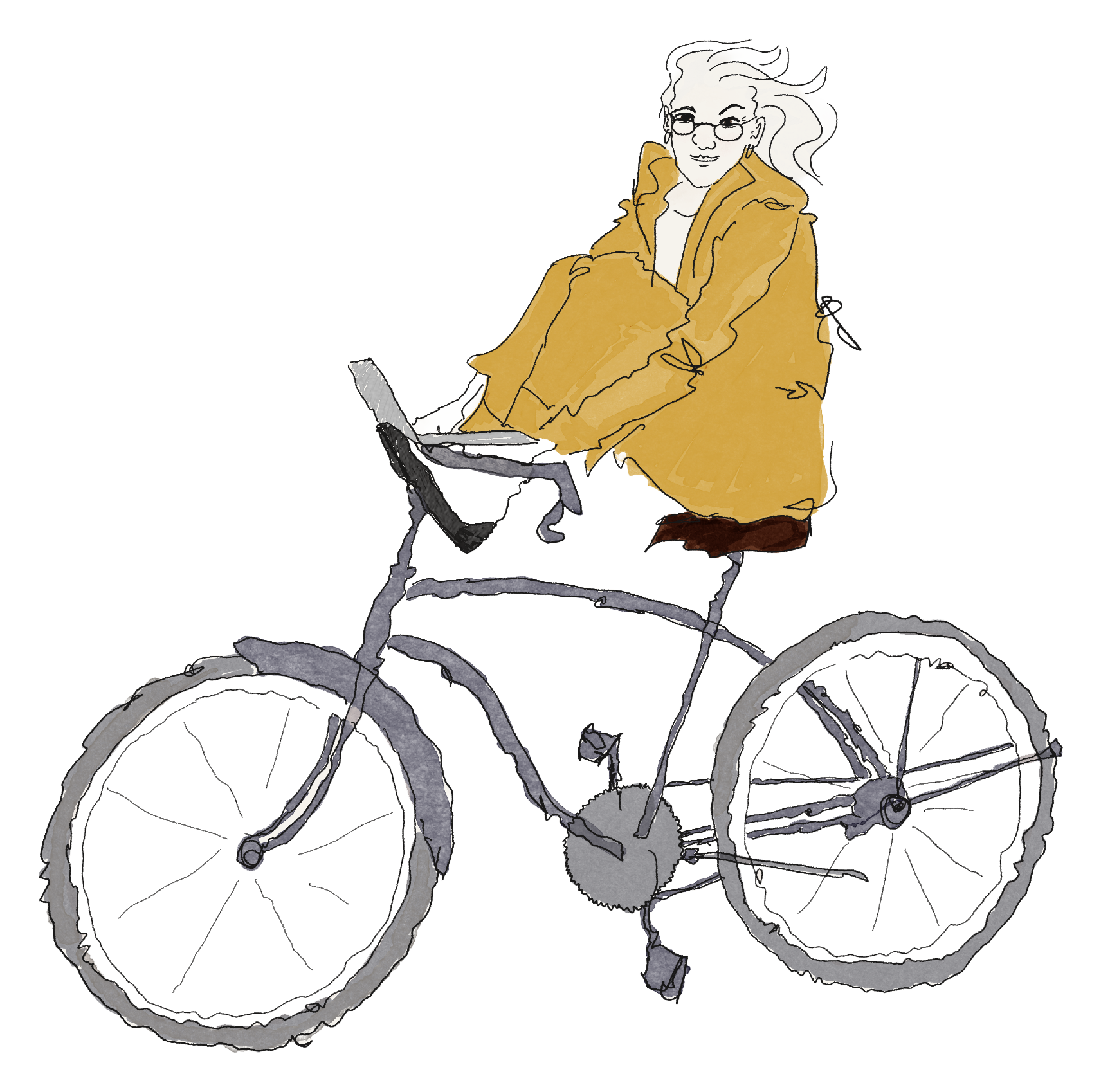Watercolor illustration of an older woman in a yellow jacket on a bicycle, feet up on the handlebars.