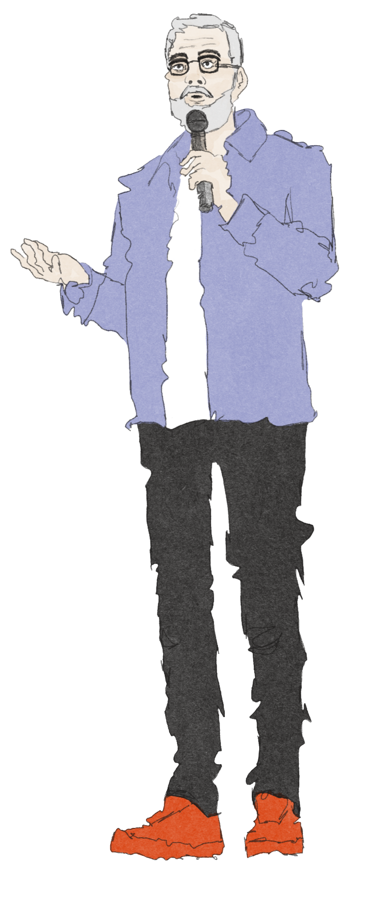 Watercolor illustration of a standup comedian in a blue jacket holding a microphone.